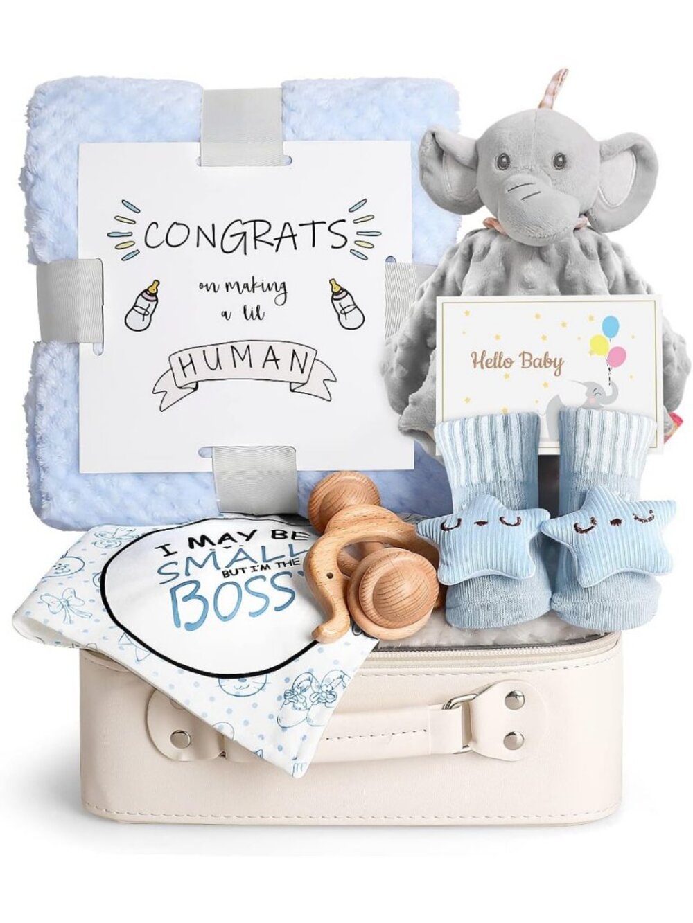 Adorable Baby Boy Gift Basket Set | Newborn Blanket, Elephant Lovey, Rattle